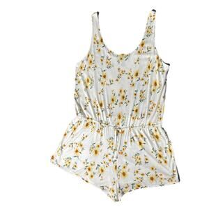 Forever 21 Sunflower Chiffon Beach Boho Chic Floral Sleeveless Ivory Romper, L